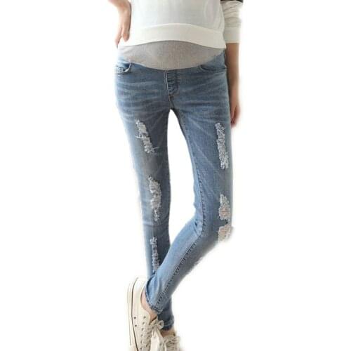 Elastic Waist Maternity Jeans Pants for Pregnancy Clothes Autumn / Winter 2018 New Pregnant Women Hole pant Maternity Plus Size