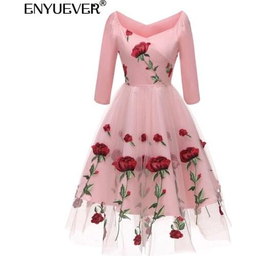 Enyuever Elegant Party Dresses For New Year 2021 Rose Floral V Neck Mesh Sleeve Embroidered Dress Runway Women Clothes Vestidos
