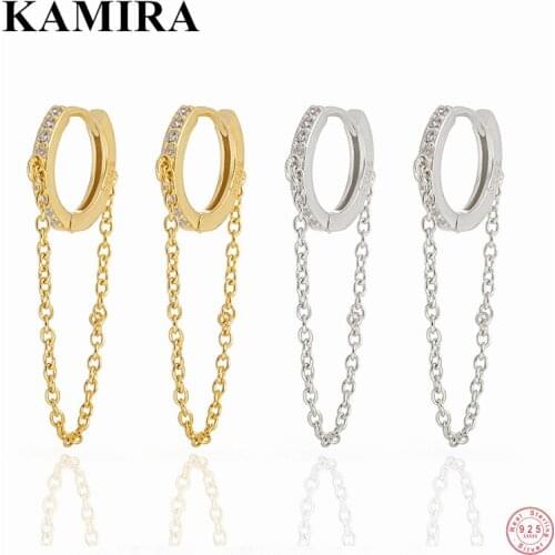 KAMIRA Real 925 Sterling Silver Fashion Rock Punk Link Chain Tassel Round Stud Earrings for Women Unique Party Goth Jewelry Gift