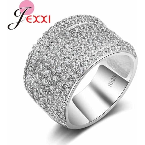 Brilliant Cubic Zircon Wide Band Rings Real 925 Sterling Silver Crystal Wedding Engagement Jewelry for Women Brides Gift