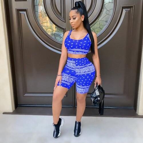 TNNAOFF Bandana Print Two Piece Tracksuits Women Set Sleeveless Sling Tank Sexy Biker Shorts Lounge Wear Fitness Matching Set