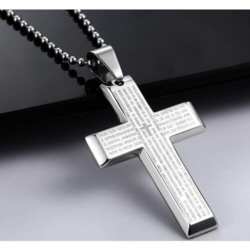 Cross Pendant Necklaces for Men Stainless Steel Bible Cross Mens Necklace Bead Chain Silver Jewelry Accessories