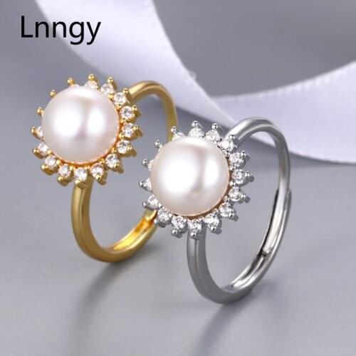Lnngy 14K Gold Filled Pearl Rings 8.5-9mm Flat Natural Freshwater Pearl Ladies Adjustable Sun Flower Ring Women Engagement Gifts