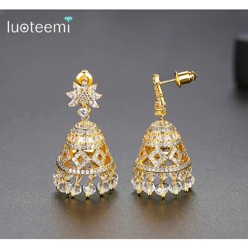 LUOTEEMI Classic Gold Color Indian Style Big Dangle Drop Earrings Bridals Wedding Inlaid Colorful CZ Star Shape Fashion Jewelry