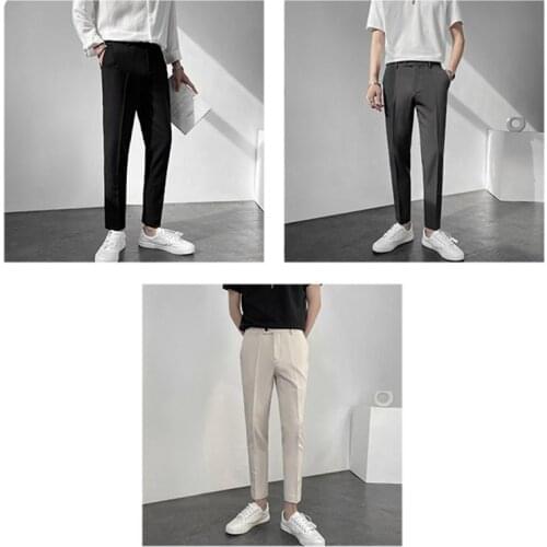 2021 New Mens Flat-Front Cropped trousers Dress Pants Slim Fit Ankle-Length Trousers Leisure Solid Grey Black Trouser for men