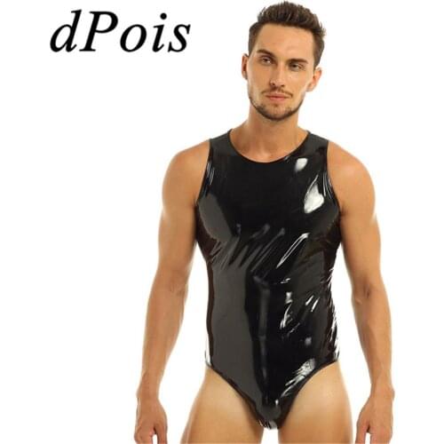 Mens One Piece Wetlook Patent Leather Bulge Pouch Lingerie Sleeveless Back Zipper Leotard Bodysuit Jumpsuit Male Hommes Clubwear