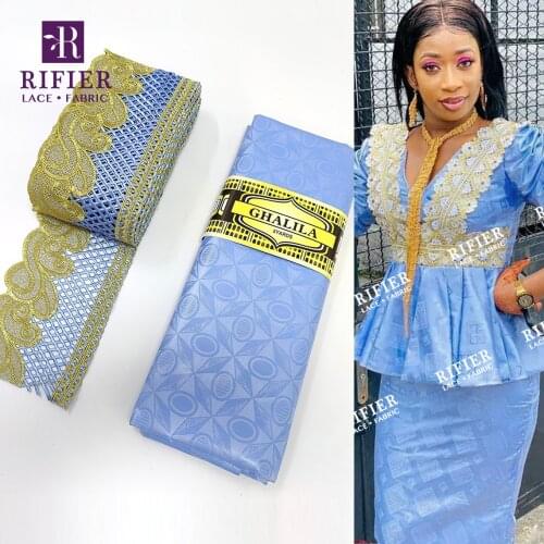 Sky Blue 5+5 Yards Stones Ribbon Lace 2021 Latest Style Bazin Riche Fabric Ankara Women Sewing Party Dress Guipure Lace Fabrics