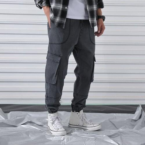 2021 New Jeans Loose Large Size Autumn Denim Pants Thin Multi Pockets Casual Trousers Harlan Long Kpop Cargo Pants Men Gray