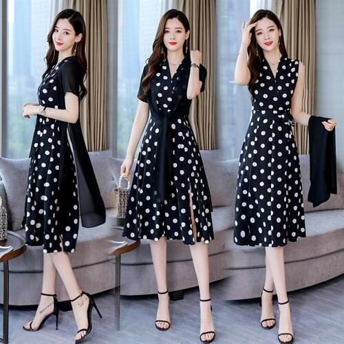 New Ladys Chiffon Slim Summer Female Elegant Fashion Dot Suits Two Pieces Dress Sleeveless Free Shipping