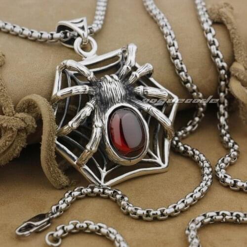 Huge & Heavy 925 Sterling Silver Red CZ Spider On Net Mens Biker Pendant 9J017