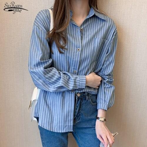 Casual Woman Shirt Plus Size Stripe Women Tops Blouses 2021 Autumn Full Blue Chic Loose Office Lady Clothes with Button 10429