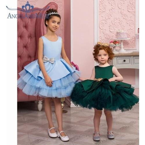 Puffy Green Ball Gowns Flower Girls Dresses Scoop Bows Birthday Party Girls Pageant Gowns First Christening Communion Dress