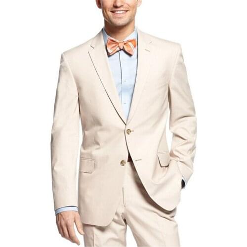 Groom Tuxedos Side Vent Mens Suits Groomsmen Notch Lapel Groom Tuxedos Beige Wedding Best Man Suit (Jacket+Pants) B670