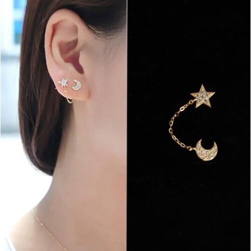 2020 NEW Personality Vintage Two Piercing One Side Chain Crystal Rhinestone Moon Star Ear Cuff for Double Hole Earrings Jewelry