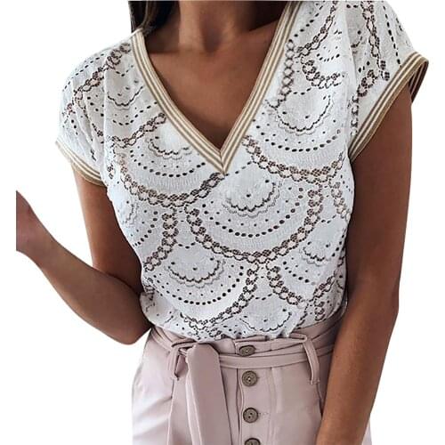 Summer blouse women Sexy Hollow Out Printed Shirts Female Streetwear Short Sleeve Tops Harajuku Patchwork V-Neck Pullover Блузки