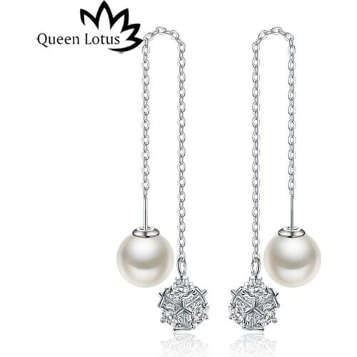 Queen Lotus 2018 Fashion 925 Silver Needle Pearl Long Earrings for Women For Gift
