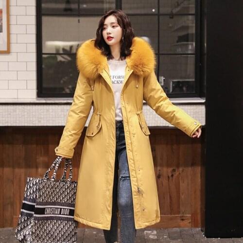 Womens Winter Parkas X-long Slim Hooded Jacket Women Wool Liner Plus Size Solid With Fur Collar Casual Cotton Padded Thick Coat