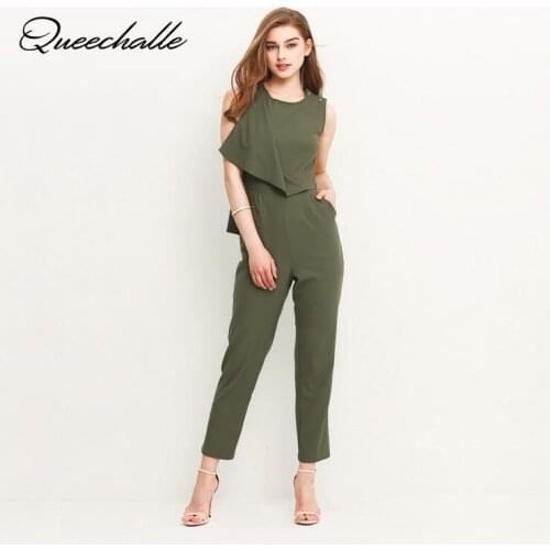 Queechalle 2020 Summer Style Elegant Women Jumpsuit S-3XL Plus Size Solid Ruffles High Waist OL Slim Ankle Length Pants Black