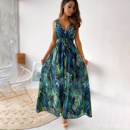 Women Sexy Deep V Neck Boho Maxi Dresses 2021 Summer Flora Printl Sleeveless Backless Belt Beach Vintage Long Dress Robe Female
