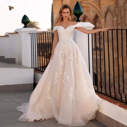 Thinyfull 2020 Elegant Wedding Dresses A Line Sweetheart Off The Shoulder Bride Dresses Tulle Lace Appliques Vestidos de novia