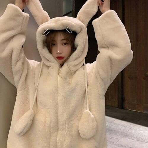 Winter Kawaii Lolita Teddy Jacket Girl Cute Dynamic Rabbit Ears Plush Hooded Zipper Jacket Women Soft Thick Warm Furry Outerwear
