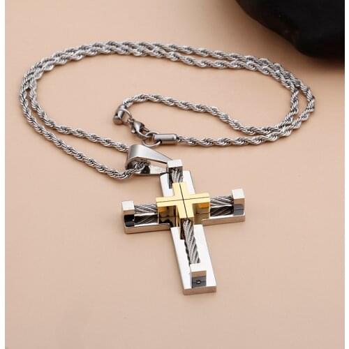 Gold with Stainless Steel Wire Chain Cross crucifix Pendant religions Necklace Mens XMAS Gifts 4mm 22 inch