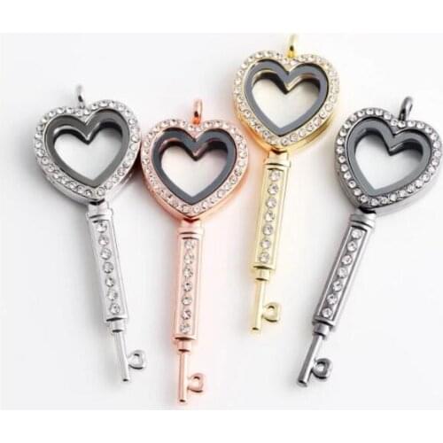 1PC Alloy key heart Rhinestones Magnetic Glass Locket Living Memory Floating locket pendant Fit for necklace women Jewelry