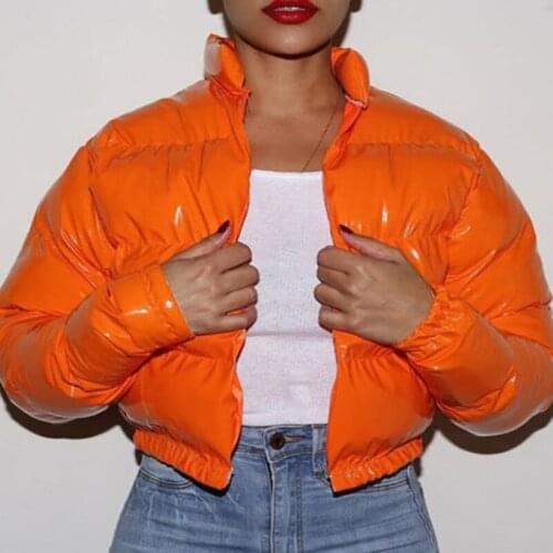 2021 Winter Warm Women Fashion Long Sleeve Stand Collar Solid Padded Cotton Coat Bright Satin Parkas Casual Short Overcoat