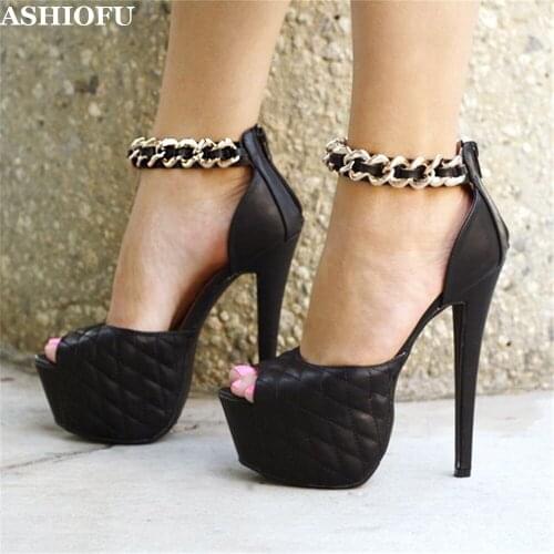 ASHIOFU Handmade Women High Heel Pumps Chains Deco Peep-toe Party Prom Dress Shoes Platform Dating Evening Fashion Court Shoes
