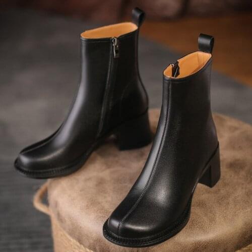 Falajoy Ankle Boots for Women Genuine Leather Round Toe Fashion Dress Heeled Booties Winter Fall Ladies Shoes Plus Size 43 41