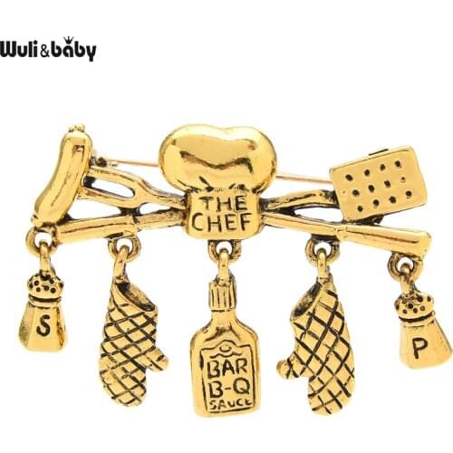 Wuli&baby Chef Tools Brooch Pins Kitchenware Gloves Seasoning Bottle Cook Brooch Pins Jewelry Gift Vintage Metal Badge