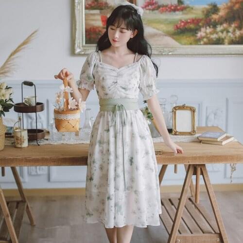 Square Collar Elegant Dress Robe Femme Chiffon Floral Dress Party Dress for Female Korean Summer Sweet OL Vestido