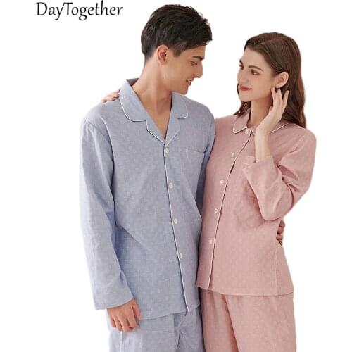 Cotton Pajamas For Women Plaid Fashion Casual Couples Sleepwear Color Pink Blue Suit Two-Piece Homewear Female Nightgown