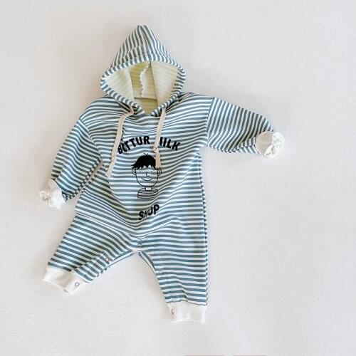 Cartoon Newborn Boys Girls Jumpsuit Hooded Clothes Long Sleeve Toddler Striped Romper New Autumn Winter Plus Velvet Baby Rompers