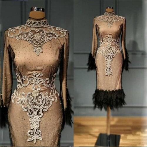 Brown High Neck Evening Gowns Black Feather Long Sleeves Lace Appliques Prom Dresses Beaded Satin Party Dress Robe De Soiree