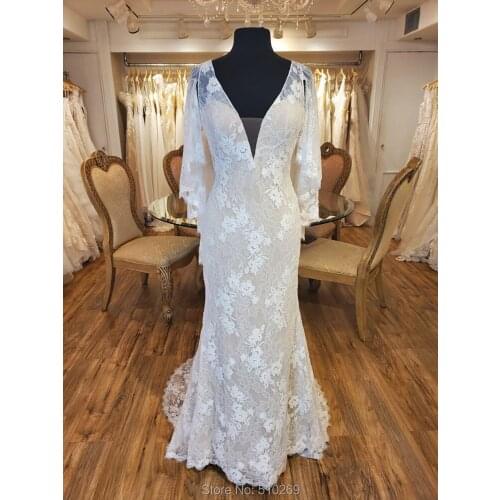 Cornaboutik Wedding Dress 2020 Robe De Mariee Draped Sleeves Lace Fit and Flare Illusion Plunging Neckline Bridal Gown Custom