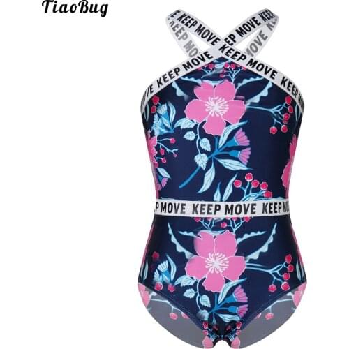 TiaoBug Summer Kids Girls One-Piece Swimming Leotard Bodysuit Sleeveless X Shaped Front And Back Letter FLowers Print Swimsuit