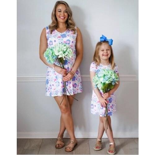 OPPERIAYA Mother-Daughter Summer Dress Full Floral Print Short Sleeves Or Sleeveless Matching Casual Skirt for Girls Women