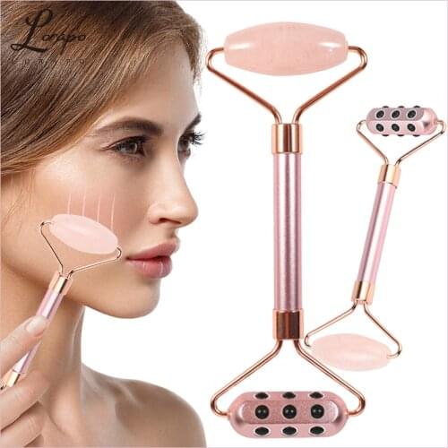 Facial Massager Rose Quartz Roller Massager Germanium Metal Roller Massager Tool Natural Roller Jade Scraper Roller Set Box