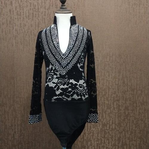 2021 Male Latin Dance Shirts Boys Rhinestone Black Lace Cha-Cha Rumba Performance Dance Costume Latin Competition Tops DNV14979