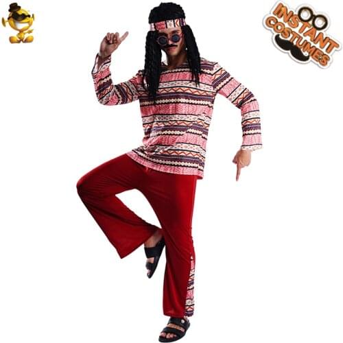 Flower Power Hippie Men Costume Carnival 60s Retro Hippy Outfits Suit Halloween Cosplay Party Fancy Dress Up for Adult Male