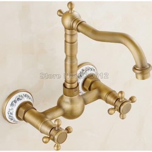Antique Brass Porcelain Base Wall Mounted Bathroom Faucet Washbasin Mixer Vessel Sink Taps Cold and Hot Water Faucet Wan023a