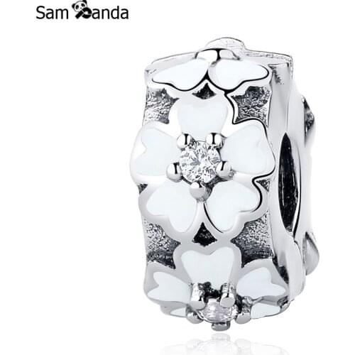 New 925 Sterling Silver Enamel Cherry Blossoms Safety Stopper Clip DIY Crystal Bead Charms Fit Pandora Bracelet Jewelry