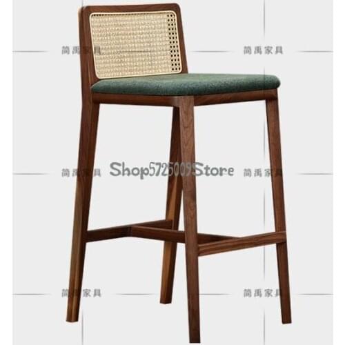 New Chinese Bar Chair Middle Ancient Solid Wood High Chair Household Rattan Bar Chair Bar Front Desk Stool Solid Wood Bar Chair