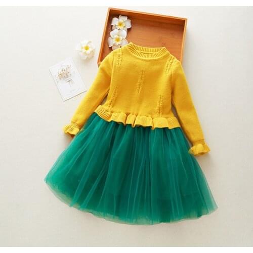 2018 Autumn Winter Girls Dress Long Sleeve Sweater Dress Mesh Patchwork Kids Knitted Dresses For Girls RT186