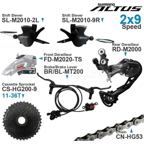 SHIMANO ALTUS M2000 2x9 Speed Groupset include M2010 Shifters M2020 Front Derailleur M2000 Rear MT200 Brake Cassette Sprocket