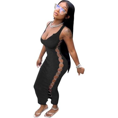 Sexy Women Dress Hollow Out Long Dress Solid Color U-neck Sleeveless Party Night Dress For Women Outfit
