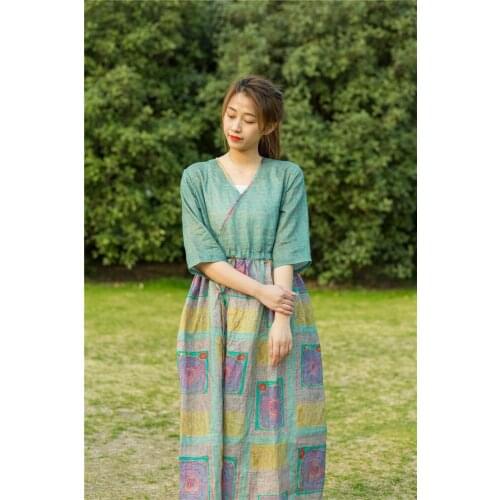 Abstract Art Color Blocks Print V Neck Half Sleeve String Waisted Pure Ramie Linen Dress Summer Thin Half Sleeve Cool Loose Robe