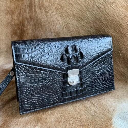 Authentic Exotic Alligator Skin Key Lock Closure Businessmen Envelop Clutch Purse Genuine Crocodile Leather Male Large Card Bag