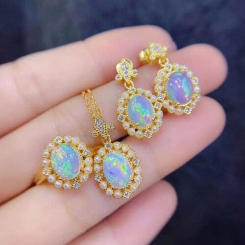 Luxury Female Oval Opal Jewelry Set Charm Gold Color Dangle Earring For Women Rhinestone Pearl Wedding Ring Chain Necklace
